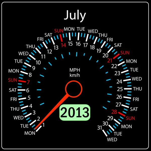 2013 ano calendário velocímetro carro em julho — Fotografia de Stock