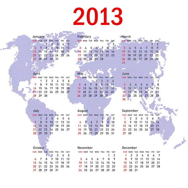 Kalender 2013 mit Weltkarte. Sonntag zuerst — Stockfoto