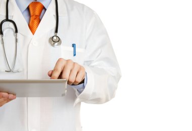Doctor working on a digital tablet isolated on white background clipart