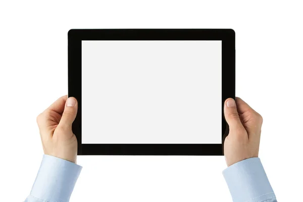 Mani umane in possesso di tablet digitale vuoto con percorso di ritaglio — Foto Stock
