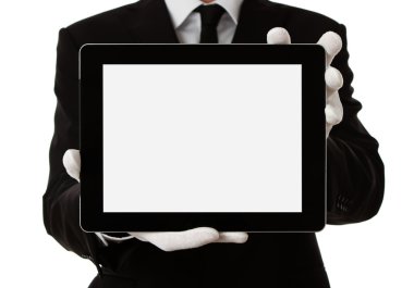 Elegant man holding blank digital tablet clipart