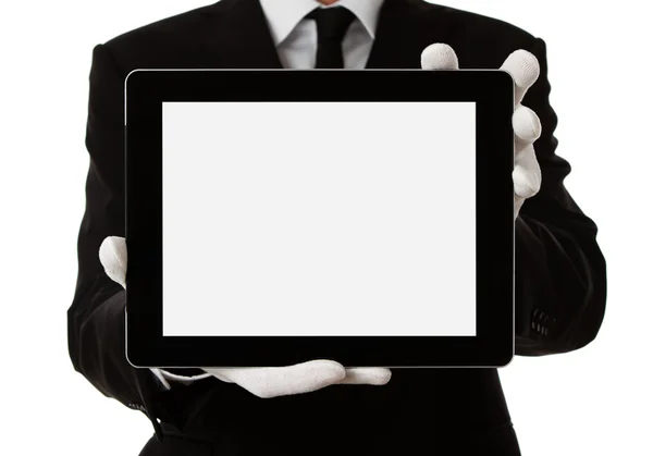 Елегантний чоловік тримає порожній цифровий планшет — стокове фото