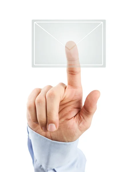 Mano masculina presionando el icono de correo virtual —  Fotos de Stock