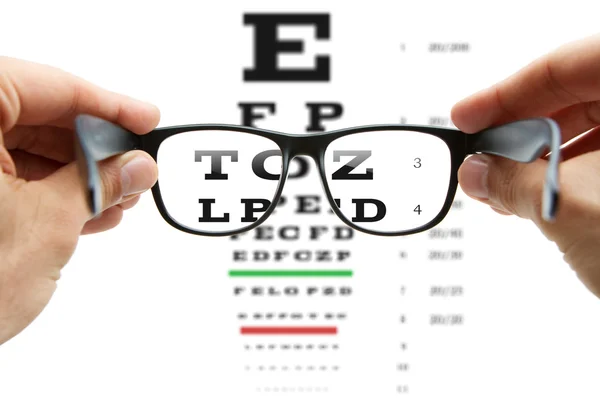 Mirando a través de las gafas en el gráfico ocular — Foto de Stock