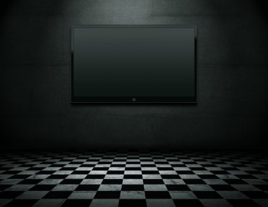 Flat screen TV in grunge empty interior clipart