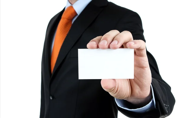 Empresário mostrando cartão de visita em branco — Fotografia de Stock
