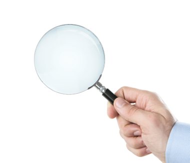 Human hand holding magnifying glass clipart