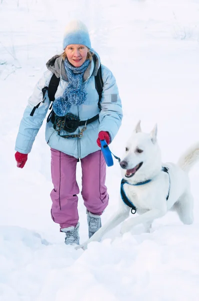 stock image The woman with a dog in winter on walk