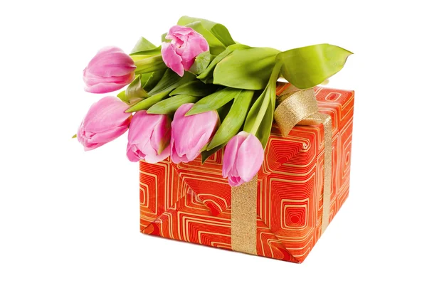 Рожеві тюльпани і подарункова коробка, ізольовані на білому — стокове фото