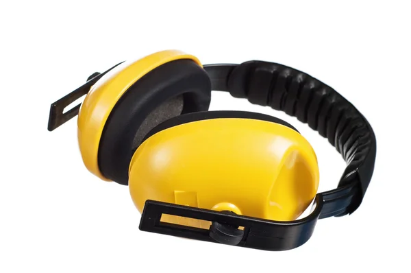 黄色工作防护耳机，它是在白色隔绝 — 图库照片