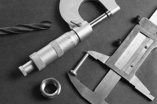 Details, drills and measuring tools, a close up — Stock Photo, Image