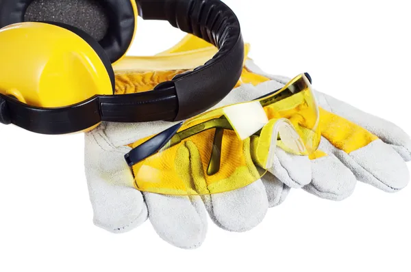 stock image Safety gear kit close up over white