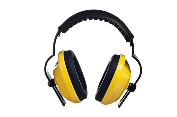 Beyaz izole sarı koruyucu kulaklık çalışma, — Stok fotoğraf