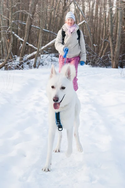 Kvinnan med en hund i vinter på promenad — Stockfoto