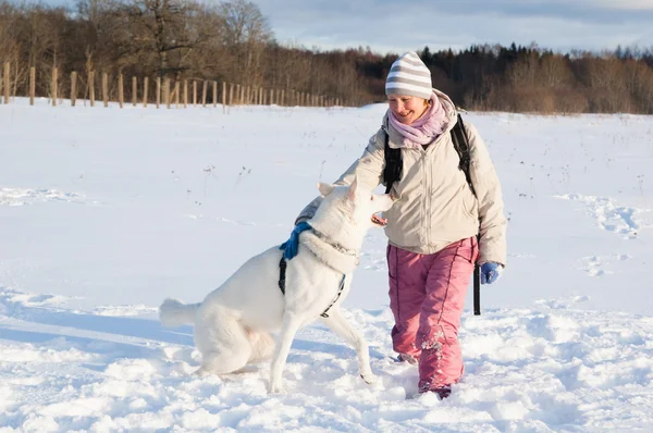 A mulher com um cão no inverno no passeio — Fotografia de Stock
