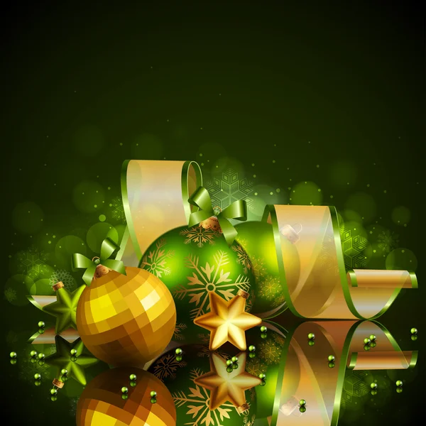 Jul bakgrund med grönt och gyllene bollar — Stock vektor