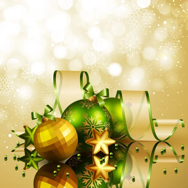 Weihnachten Hintergrund mit grünen und goldenen Kugeln — Stockvektor
