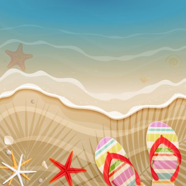 Flip-flops and shells on the beach. clipart