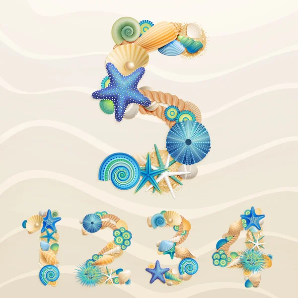 Numbers, vector sea life font on sand background. — Stock Vector