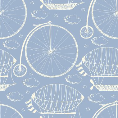 Big wheel bicycle and airships pattern clipart