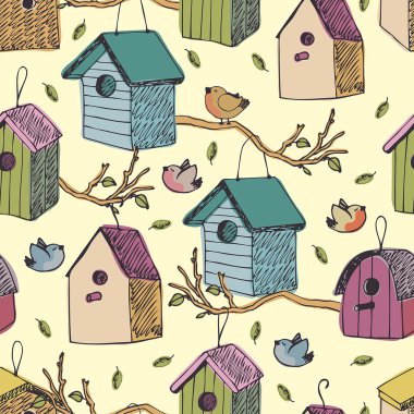 Birds and starling houses background clipart