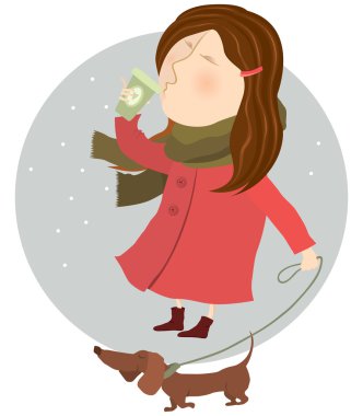 Girl with a cup of coffee and her dog for a walk clipart