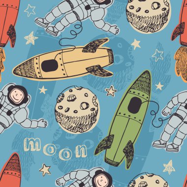 Rockets and astronauts in space pattern clipart