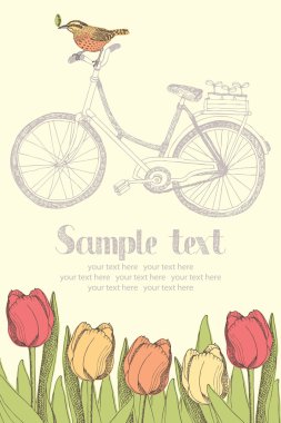 Vintage bicycles and tulips card clipart