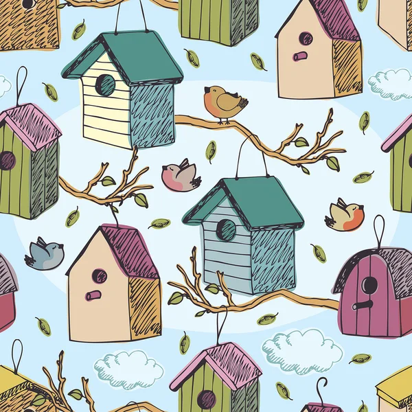 Ptáci a Špaček domy vzor — Stockový vektor