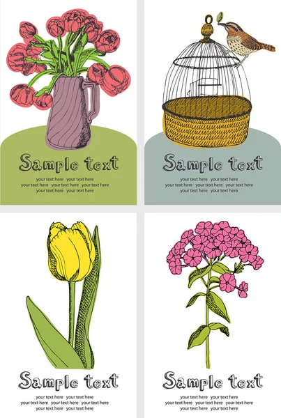 花や鳥のカードをデザインします。 — ストックベクタ