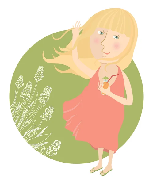 Chica con jugo de naranja y tarjeta de primavera de fondo floral — Vector de stock