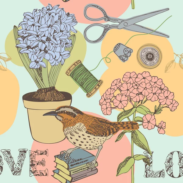 Αγάπη άνευ ραφής φόντο με το πουλί και τα λουλούδια — Διανυσματικό Αρχείο