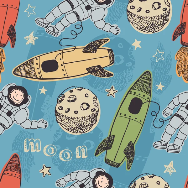 Foguetes e astronautas no padrão espacial —  Vetores de Stock