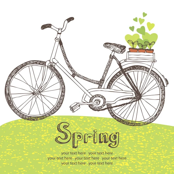 Bicicleta vintage con plántulas de primavera — Vector de stock
