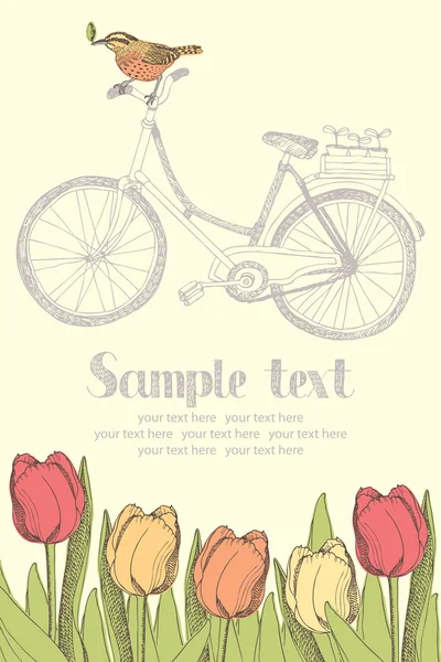 Bicicletas vintage e cartão de tulipas — Vetor de Stock