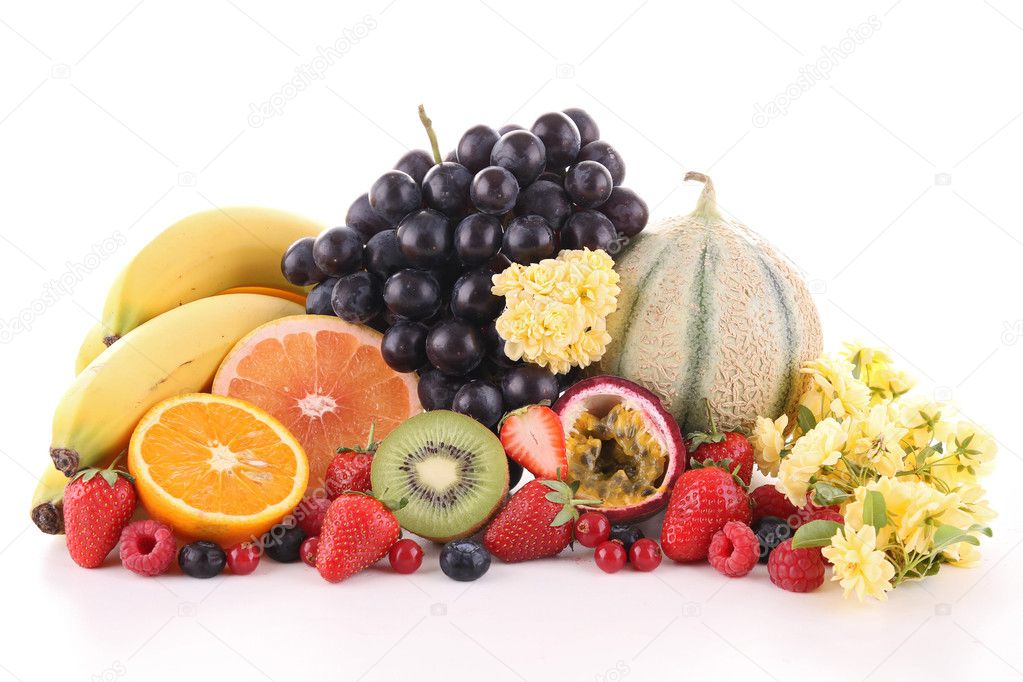Heap of fresh fruits on white