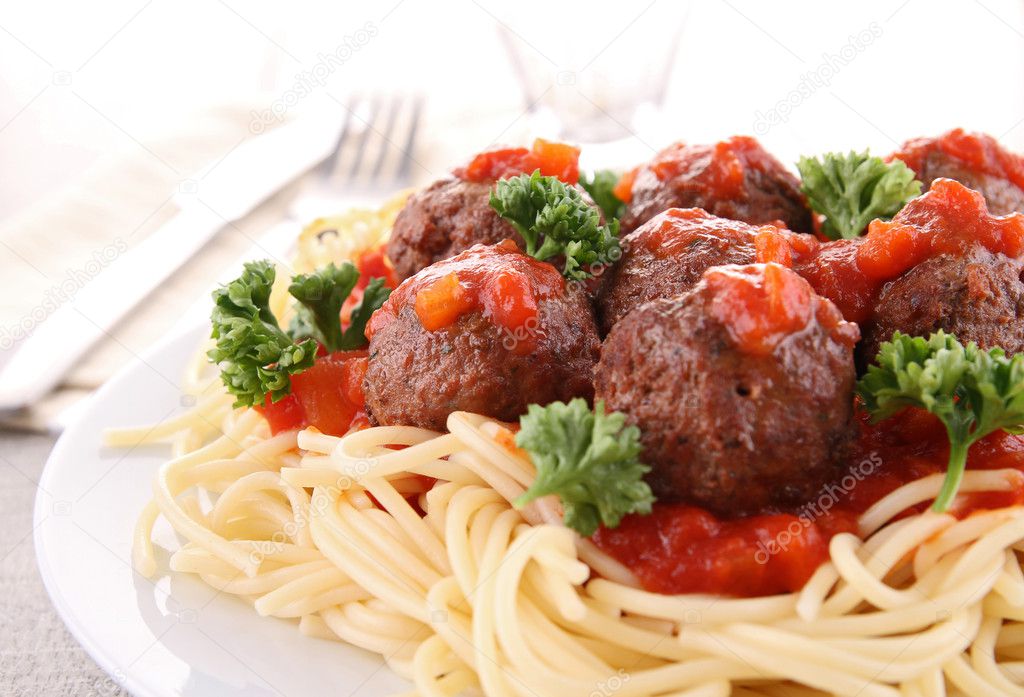 Spaghetti and tomato sauce with meatballs