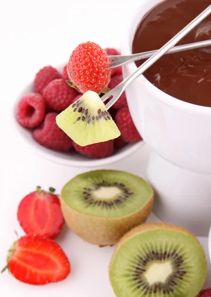 巧克力火锅和水果 — 图库照片