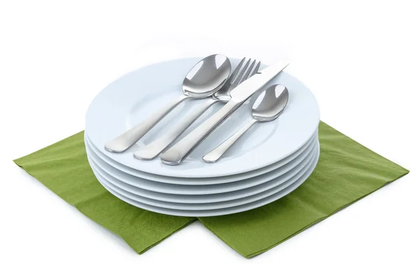 Elszigetelt halom tányérok és evőeszközök — Stock Fotó