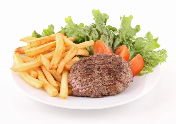 Steak, Pommes frites und Salat — Stockfoto