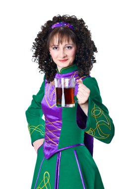 Woman in irish dancing dress with beer clipart