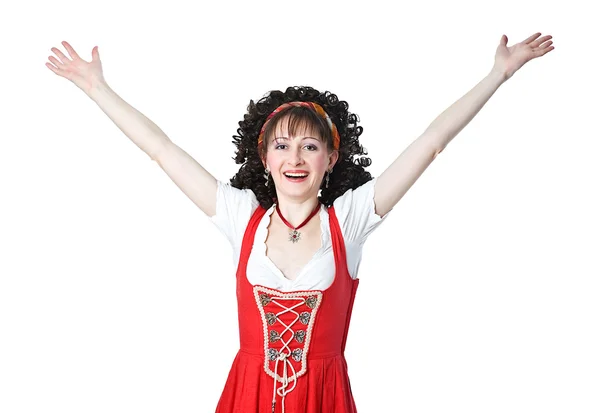 빨간 드레스에 행복 한 아름 다운 여자 — 스톡 사진
