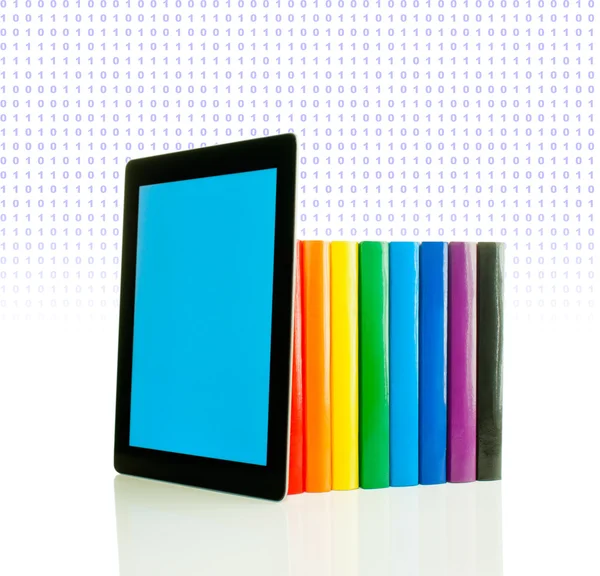 Row of colorful books and tablet PC over white background — Stock Photo, Image