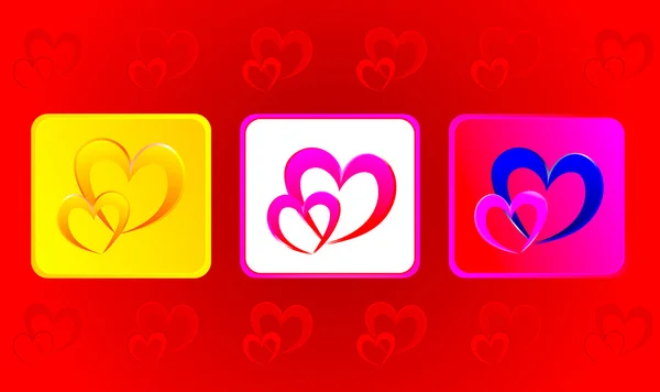Illustration à deux cœurs en trois variations sur fond rouge — Photo