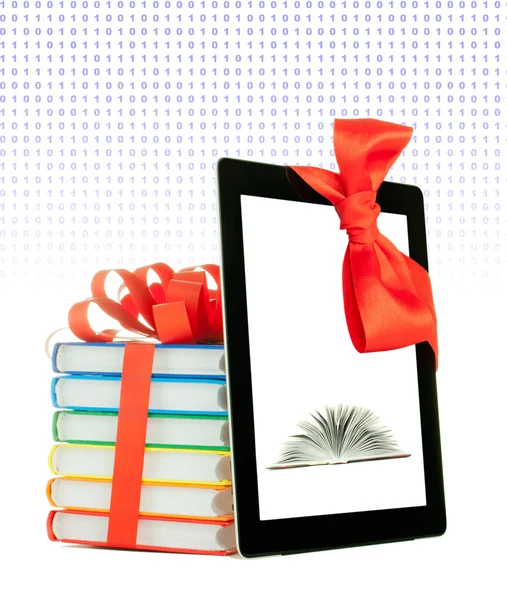 Books tied up with ribbon and tablet PC against white background — Stock Photo, Image