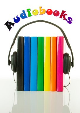Row of books and headphones - Audiobooks concept clipart