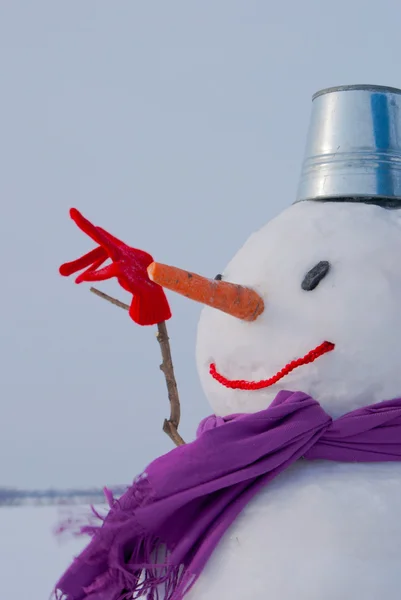 Einsamer Schneemann auf einem verschneiten Feld — Stockfoto