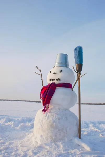 Одинокий снеговик на снежном поле — стоковое фото