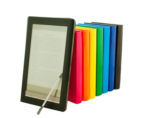 E-book reader with stack of printed books — Stock Photo, Image