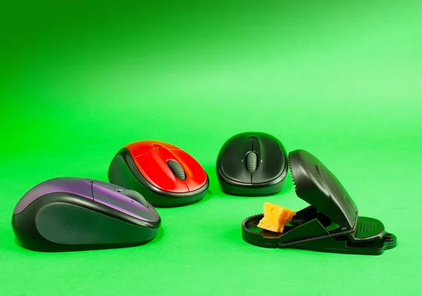Drie computer muizen met een muizenval — Stockfoto
